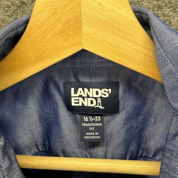 Lands' End Shirt Men 16 Blue Button Up Collared Long Sleeve Pockets Traditional - Picture 3 of 7